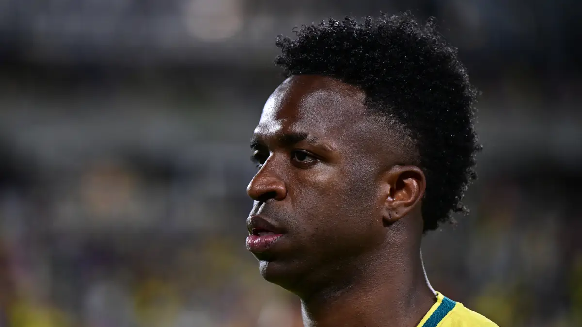 ORLANDO, FLORIDA - MARCH 31: Vinicius Junior of Brazil looks on during the international friendly match between Brazil and Croatia at Camping World Stadium on March 31, 2026 in Orlando, Florida. (Photo by Julio Aguilar/Getty Images)