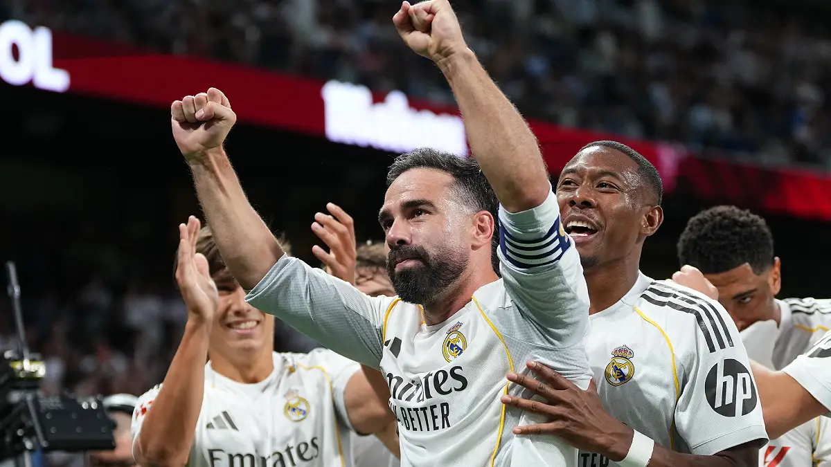MADRID, SPAIN - MAY 23: Daniel Carvajal of Real Madrid celebrates after teammate Gonzalo Garcia scored the team's first goal during the LaLiga EA Sports match between Real Madrid CF and Athletic Club at Estadio Santiago Bernabeu on May 23, 2026 in Madrid, Spain. (Photo by Angel Martinez/Getty Images)