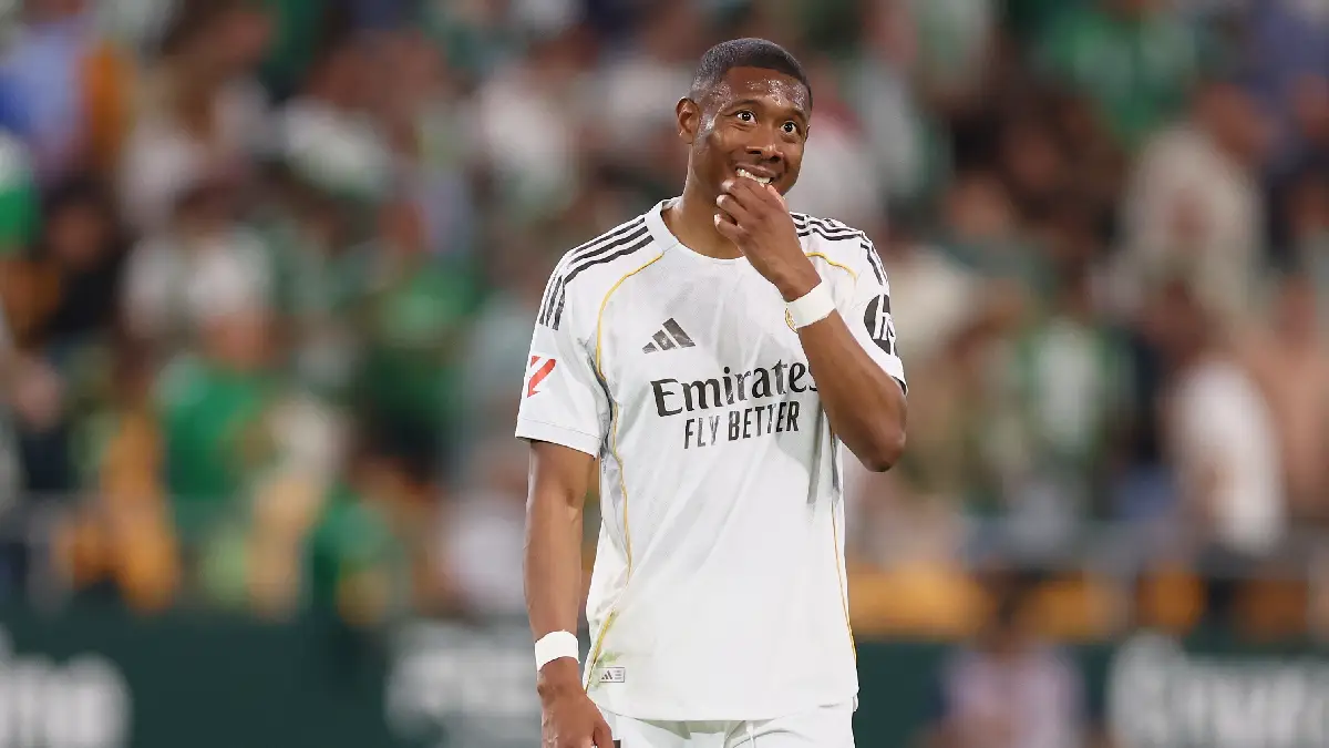 SEVILLE, SPAIN - APRIL 24: David Alaba of Real Madrid reacts after the LaLiga EA Sports match between Real Betis Balompie and Real Madrid CF at Estadio La Cartuja on April 24, 2026 in Seville, Spain. (Photo by Fran Santiago/Getty Images)