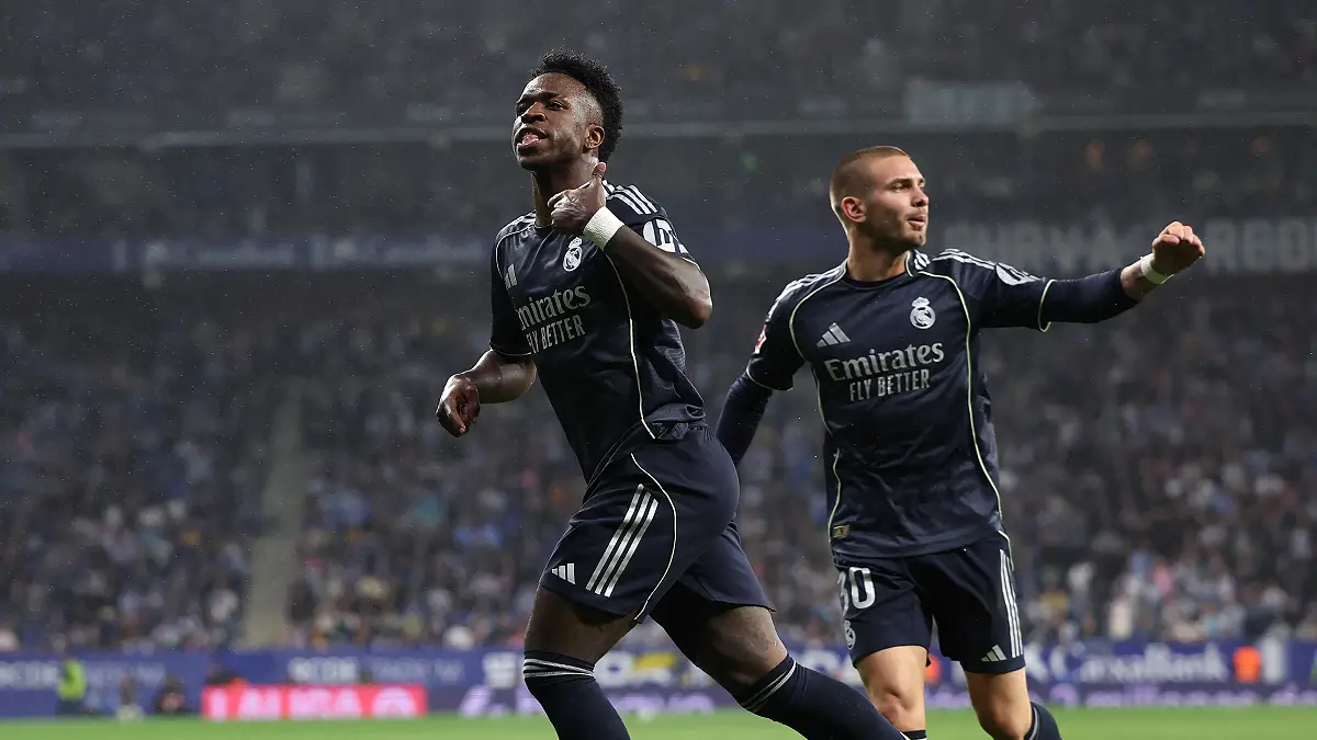 BARCELONA, SPAIN - MAY 03: Vinicius Junior of Real Madrid celebrates scoring his team's first goal during the LaLiga EA Sports match between RCD Espanyol de Barcelona and Real Madrid CF at RCDE Stadium on May 03, 2026 in Barcelona, Spain. (Photo by Judit Cartiel/Getty Images)
