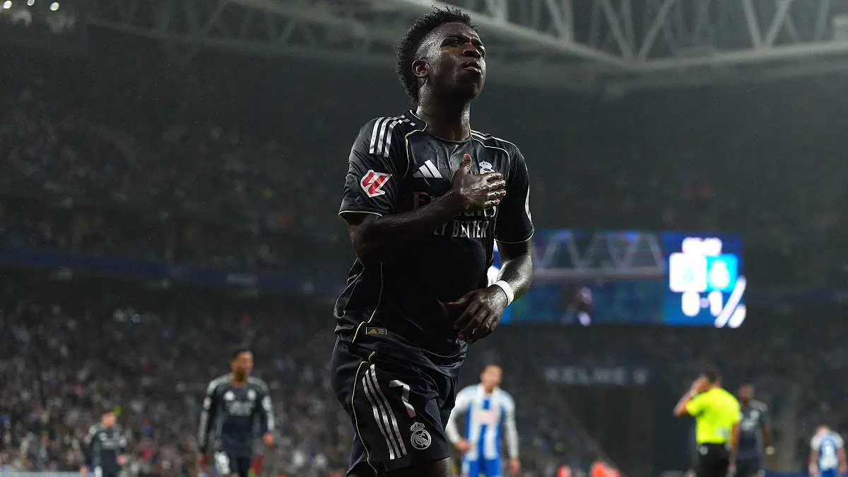 BARCELONA, SPAIN - MAY 03: Vinicius Jr of Real Madrid celebrates scoring his team's second goal during the LaLiga EA Sports match between RCD Espanyol de Barcelona and Real Madrid CF at RCDE Stadium on May 03, 2026 in Barcelona, Spain. (Photo by Pedro Salado/Getty Images)