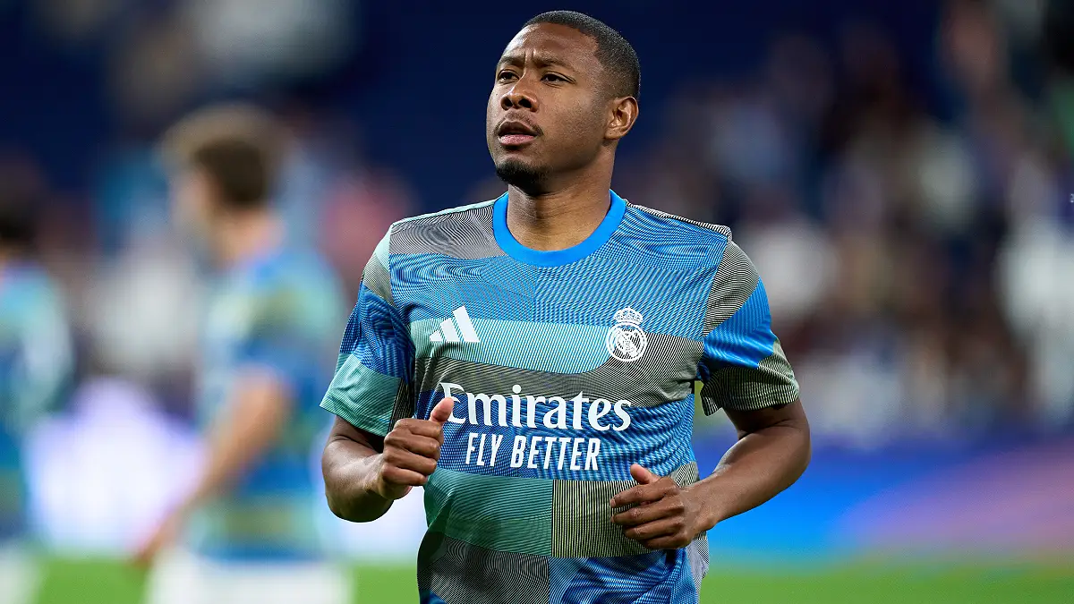 MADRID, SPAIN - MAY 14: David Alaba of Real Madrid warms up prior to the LaLiga EA Sports match between Real Madrid CF and Real Oviedo at Estadio Santiago Bernabeu on May 14, 2026 in Madrid, Spain. (Photo by Angel Martinez/Getty Images)