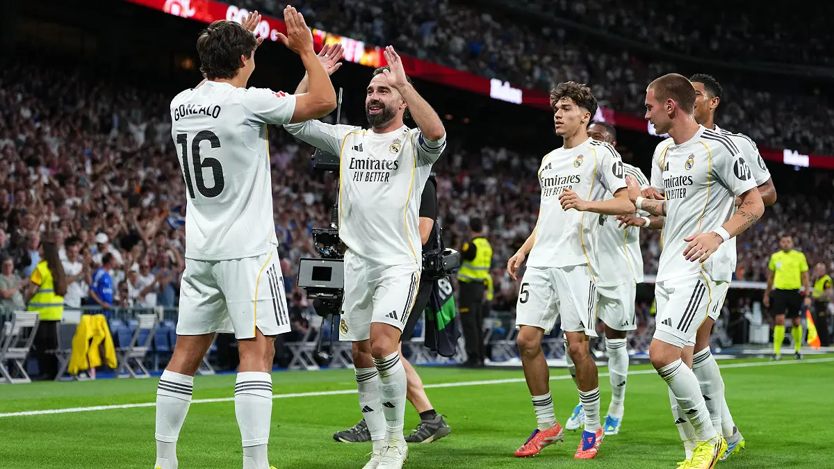 MADRID, SPAIN - MAY 23: Daniel Carvajal of Real Madrid celebrates after teammate Gonzalo Garcia scored the team's first goal during the LaLiga EA Sports match between Real Madrid CF and Athletic Club at Estadio Santiago Bernabeu on May 23, 2026 in Madrid, Spain. (Photo by Angel Martinez/Getty Images)