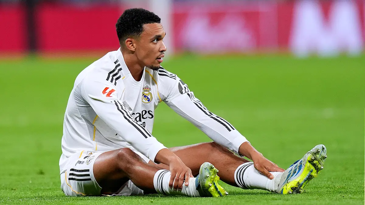 MADRID, SPAIN - MAY 14: Trent Alexander-Arnold of Real Madrid looks on during the LaLiga EA Sports match between Real Madrid CF and Real Oviedo at Estadio Santiago Bernabeu on May 14, 2026 in Madrid, Spain. (Photo by Angel Martinez/Getty Images)