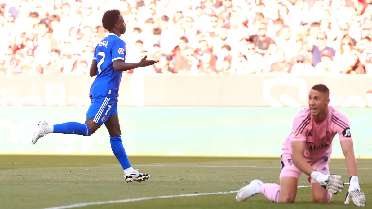 SEVILLE, SPAIN - MAY 17: Vinicius Junior of Real Madrid celebrates scoring his team's first goal during the LaLiga EA Sports match between Sevilla FC and Real Madrid CF at Estadio Ramon Sanchez Pizjuan on May 17, 2026 in Seville, Spain. (Photo by Fran Santiago/Getty Images)