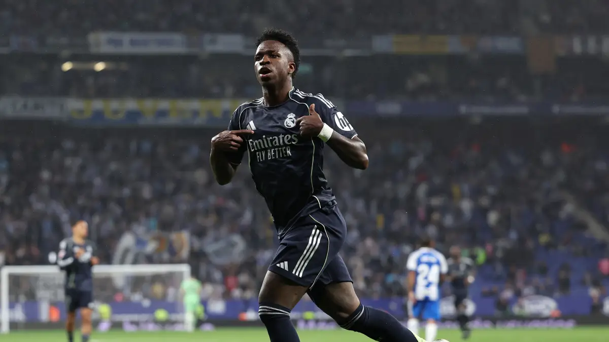 BARCELONA, SPAIN - MAY 03: Vinicius Junior of Real Madrid celebrates scoring his team's first goal during the LaLiga EA Sports match between RCD Espanyol de Barcelona and Real Madrid CF at RCDE Stadium on May 03, 2026 in Barcelona, Spain. (Photo by Judit Cartiel/Getty Images)