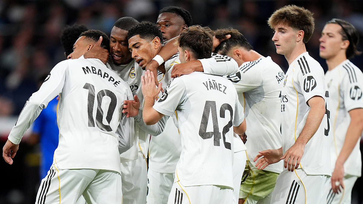 MADRID, SPAIN - MAY 14: Jude Bellingham of Real Madrid celebrates scoring his team's second goal with teammates during the LaLiga EA Sports match between Real Madrid CF and Real Oviedo at Estadio Santiago Bernabeu on May 14, 2026 in Madrid, Spain. (Photo by Angel Martinez/Getty Images)