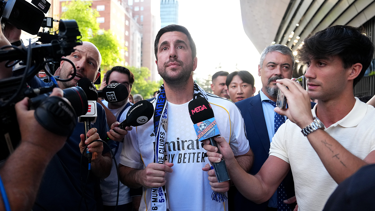 MADRID, SPAIN - MAY 23: Enrique Riquelme, Chairman of Cox Energy, speaks to the media outside the stadium as he advertises his candidacy for President of Real Madrid in the upcoming election prior to the LaLiga EA Sports match between Real Madrid CF and Athletic Club at Estadio Santiago Bernabeu on May 23, 2026 in Madrid, Spain. (Photo by Angel Martinez/Getty Images)