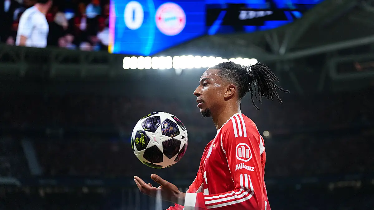 MADRID, SPAIN - APRIL 07: Michael Olise of FC Bayern Munich holds the match ball during the UEFA Champions League 2025/26 Quarter-Final First Leg match between Real Madrid CF and FC Bayern München at Estadio Santiago Bernabeu on April 07, 2026 in Madrid, Spain. (Photo by Angel Martinez/Getty Images)
