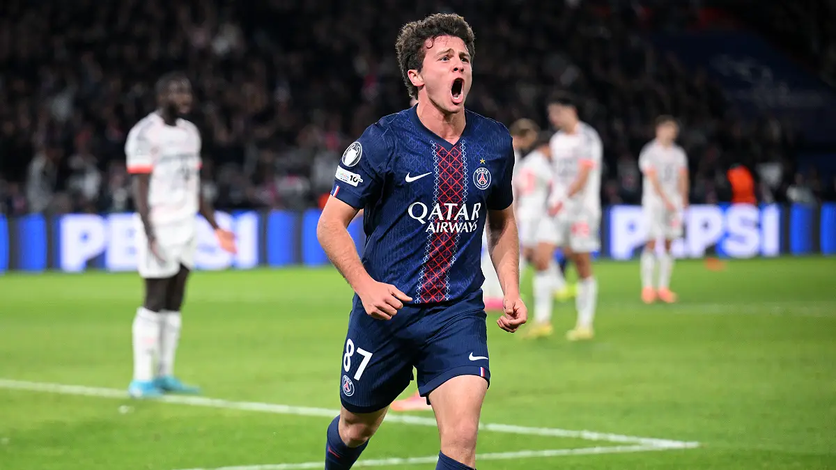 PARIS, FRANCE - NOVEMBER 04: Joao Neves of Paris Saint-Germain celebrates scoring his team's first goal during the UEFA Champions League 2025/26 League Phase MD4 match between Paris Saint-Germain and FC Bayern München at Parc des Princes on November 04, 2025 in Paris, France. (Photo by Stuart Franklin/Getty Images)