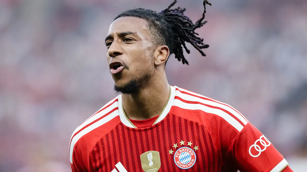 BERLIN, GERMANY - MAY 23: Michael Olise of Bayern München looks on during the DFB Cup Final 2026 match between FC Bayern München and VfB Stuttgart at Olympiastadion on May 23, 2026 in Berlin, Germany. (Photo by Reinaldo Coddou H./Getty Images)