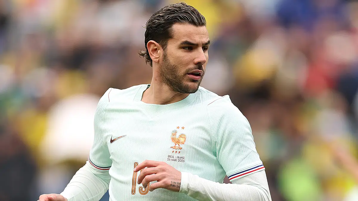 FOXBOROUGH, MASSACHUSETTS - MARCH 26: Theo Hernández #19 of France looks on during the international friendly match between Brazil and France at Gillette Stadium on March 26, 2026 in Foxborough, Massachusetts. (Photo by Maddie Meyer/Getty Images)