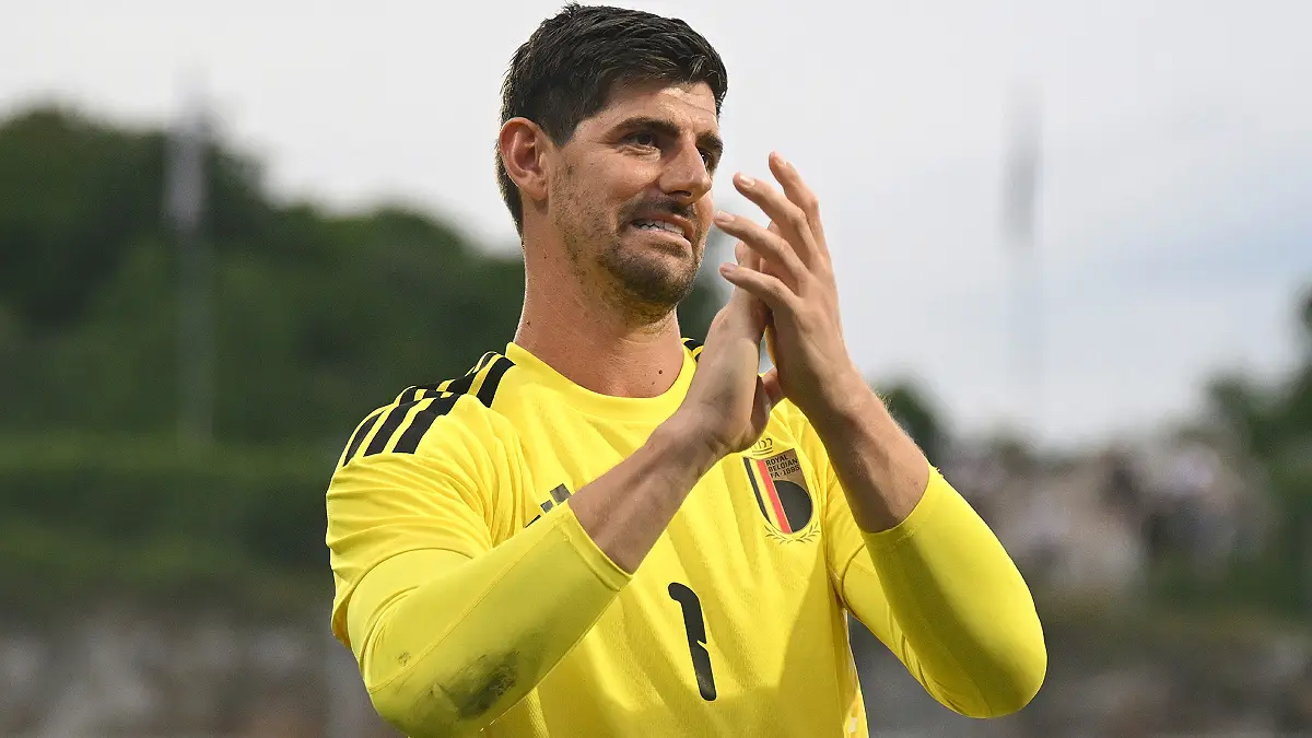 RIJEKA, CROATIA - JUNE 02: Thibaut Courtois of Belgium applauds the fans after the team's victory in the international friendly match between Croatia and Belgium at Stadion HNK Rijeka on June 02, 2026 in Rijeka, Croatia. (Photo by Jurij Kodrun/Getty Images)