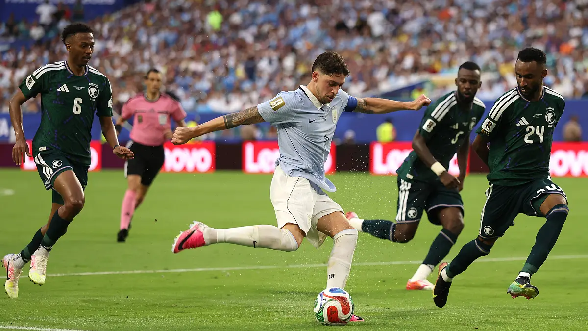 MIAMI, FLORIDA - JUNE 15: Federico Valverde #8 of Uruguay passes the ball during the FIFA World Cup 2026 Group H match between Saudi Arabia and Uruguay at Miami Stadium on June 15, 2026 in Miami, Florida. (Photo by Lars Baron/Getty Images)