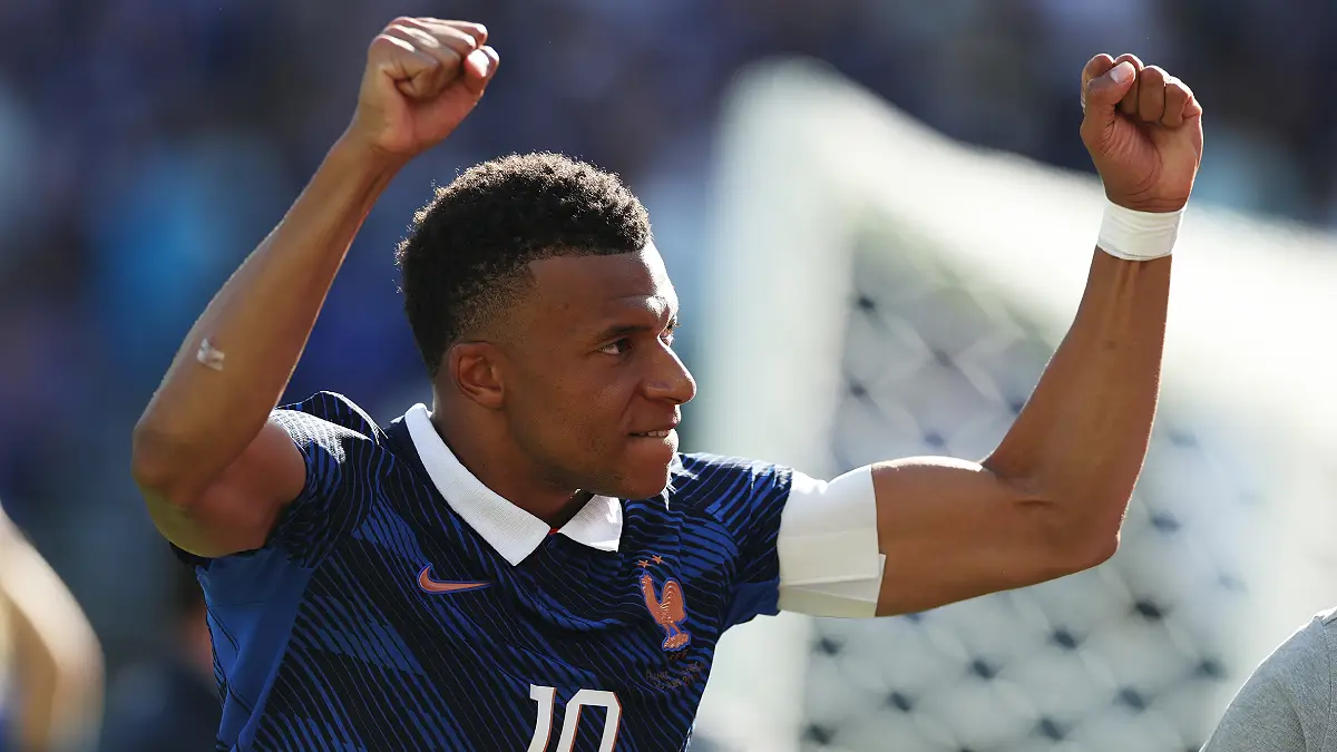 EAST RUTHERFORD, NEW JERSEY - JUNE 16: Kylian Mbappe #10 of France celebrates after the 3-1 win during the FIFA World Cup 2026 Group I match between France and Senegal at New York New Jersey Stadium on June 16, 2026 in East Rutherford, New Jersey. (Photo by Al Bello/Getty Images)