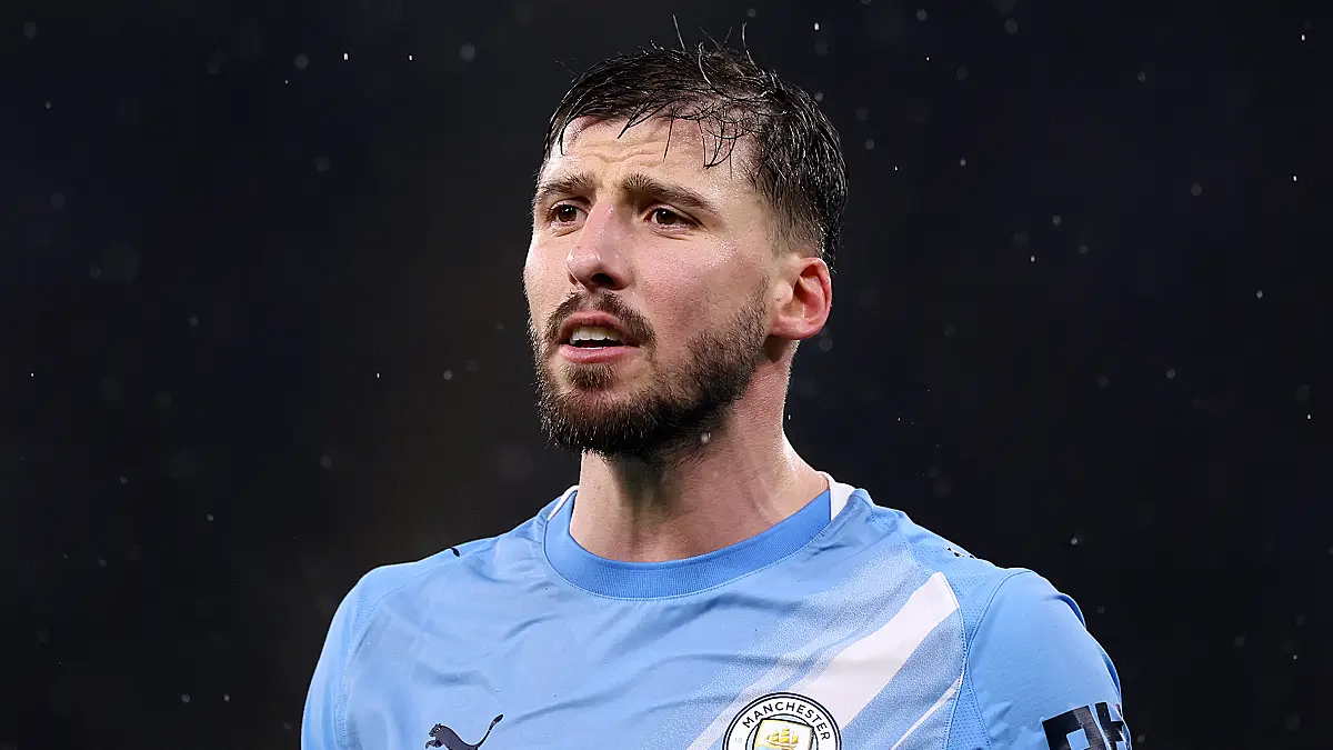 MANCHESTER, ENGLAND - FEBRUARY 11: Ruben Dias of Manchester City reacts during the Premier League match between Manchester City and Fulham at Etihad Stadium on February 11, 2026 in Manchester, England. (Photo by Kate McShane/Getty Images)