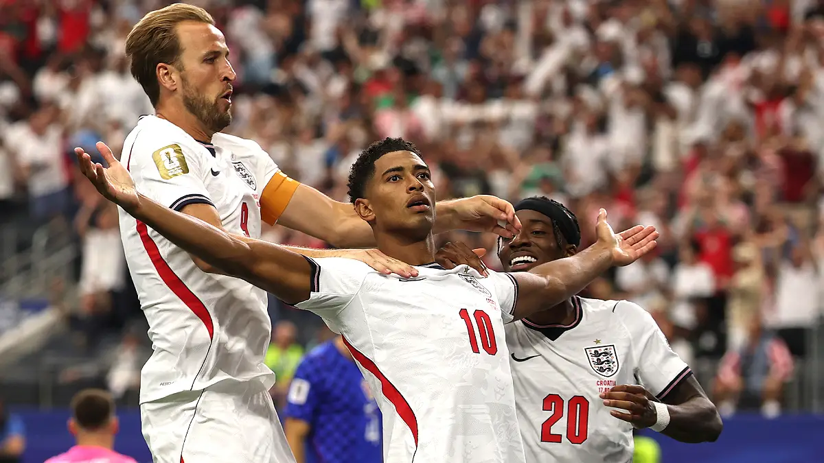 ARLINGTON, TEXAS - JUNE 17: Jude Bellingham #10 of England celebrates with Harry Kane #9 after scoring the team's third goal during the FIFA World Cup 2026 Group L match between England and Croatia at Dallas Stadium on June 17, 2026 in Arlington, Texas. (Photo by Francois Nel/Getty Images)