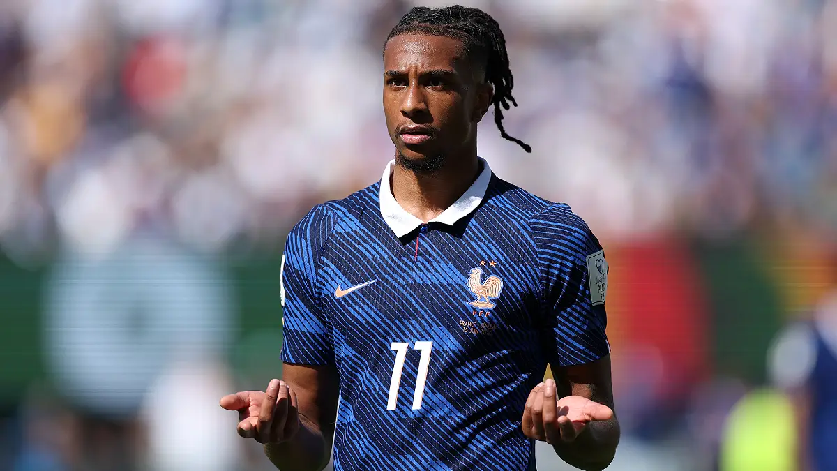 EAST RUTHERFORD, NEW JERSEY - JUNE 16: Michael Olise #11 of France reacts during the FIFA World Cup 2026 Group I match between France and Senegal at New York New Jersey Stadium on June 16, 2026 in East Rutherford, New Jersey. (Photo by Dan Mullan/Getty Images)