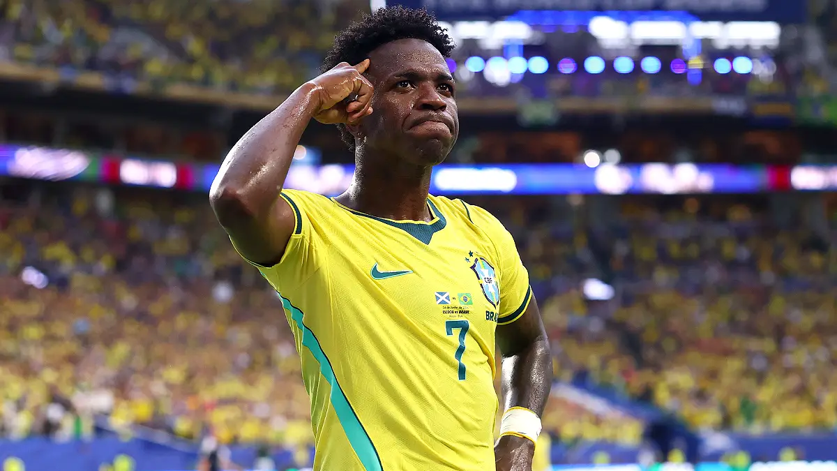 MIAMI GARDENS, FLORIDA - JUNE 24: Vinicius Junior #7 of Brazil celebrates scoring his team's second goal during the FIFA World Cup 2026 Group C match between Scotland and Brazil at Miami Stadium on June 24, 2026 in Miami Gardens, Florida. (Photo by Megan Briggs/Getty Images)