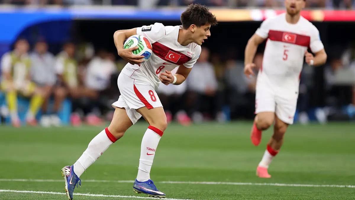 INGLEWOOD, CALIFORNIA - JUNE 25: Arda Guler #8 of Turkiye celebrates after scoring his team's first goal during the FIFA World Cup 2026 Group D match between Türkiye and USA at Los Angeles Stadium on June 25, 2026 in Inglewood, California. (Photo by Fran Santiago/Getty Images)