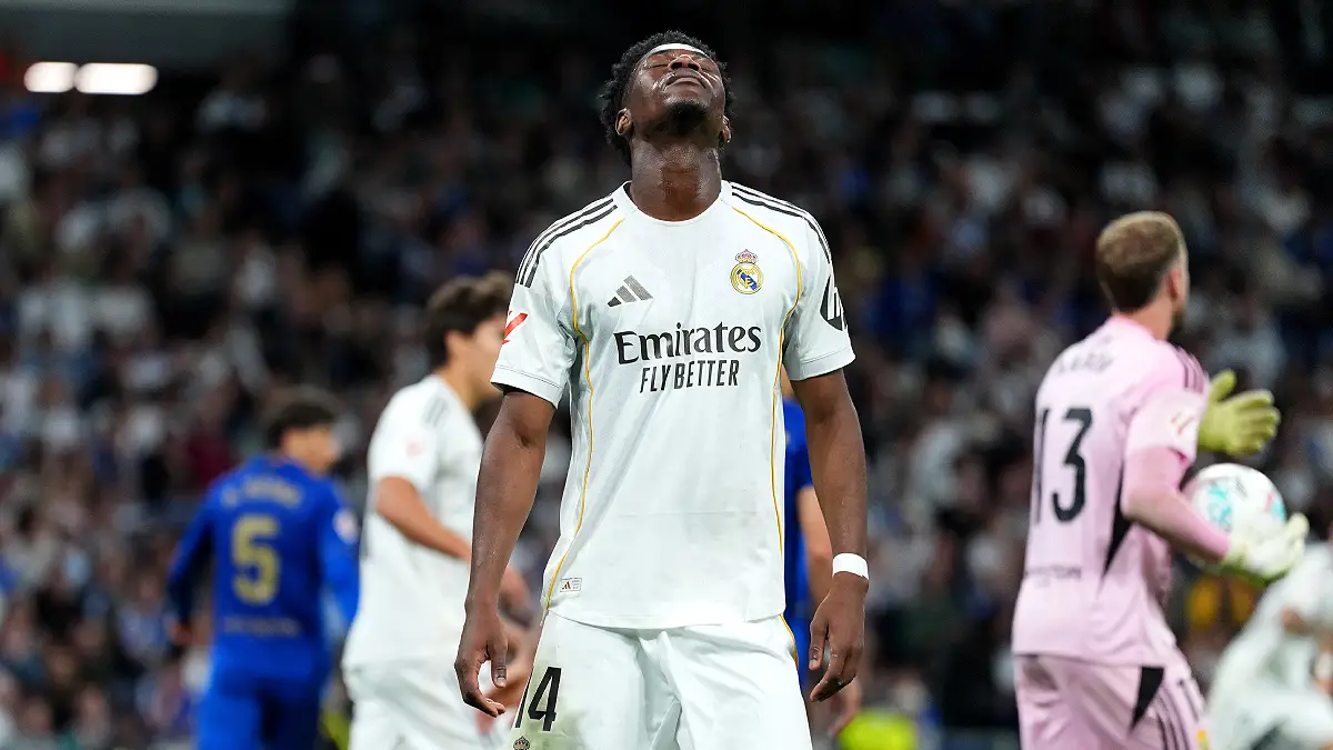 MADRID, SPAIN - MAY 14: Aurelien Tchouameni of Real Madrid reacts during the LaLiga EA Sports match between Real Madrid CF and Real Oviedo at Estadio Santiago Bernabeu on May 14, 2026 in Madrid, Spain. (Photo by Angel Martinez/Getty Images)