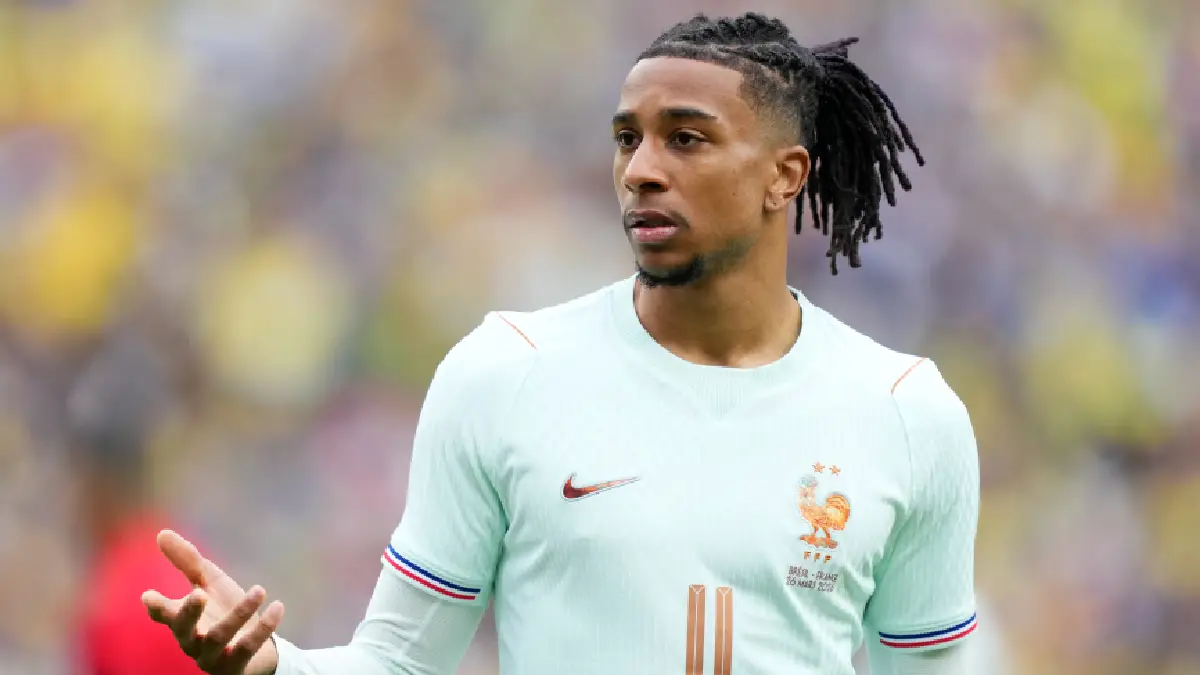 FOXBOROUGH, MASSACHUSETTS - MARCH 26: Michael Olise of France gestures during the international friendly match between Brazil and France at Gillette Stadium on March 26, 2026 in Foxborough, Massachusetts. (Photo by Michael Owens/Getty Images)