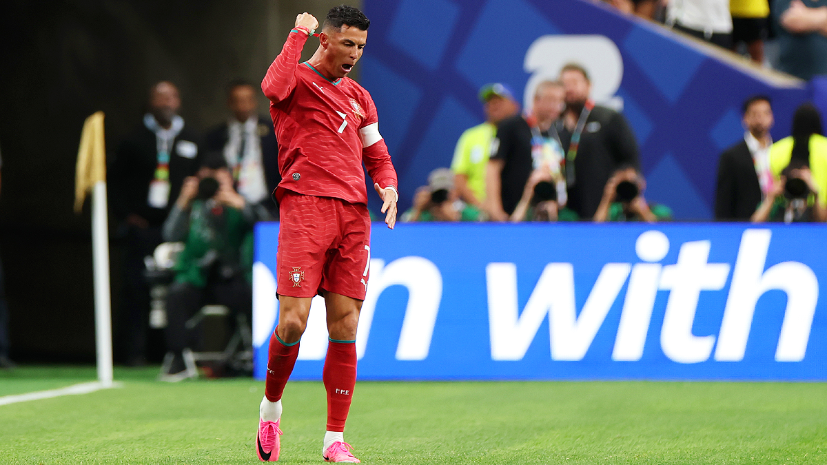 HOUSTON, TEXAS - JUNE 23: Cristiano Ronaldo #7 of Portugal celebrates scoring his team's first goal during the FIFA World Cup 2026 Group K match between Portugal and Uzbekistan at Houston Stadium on June 23, 2026 in Houston, Texas. (Photo by Charlotte Wilson/Getty Images)