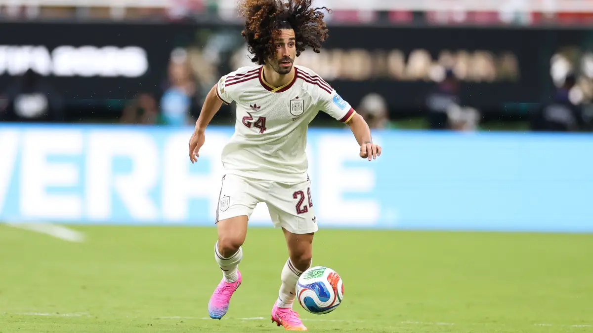 ZAPOPAN, MEXICO - JUNE 26: Marc Cucurella #24 of Spain in action during the FIFA World Cup 2026 Group H match between Uruguay and Spain at Guadalajara Stadium on June 26, 2026 in Zapopan, Mexico. (Photo by Florencia Tan Jun/Getty Images)