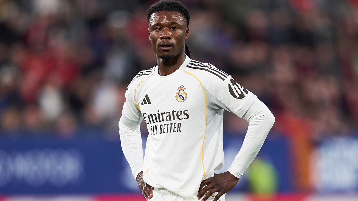 PAMPLONA, SPAIN - FEBRUARY 21: Eduardo Camavinga of Real Madrid looks on during the LaLiga EA Sports match between CA Osasuna and Real Madrid CF at Estadio El Sadar on February 21, 2026 in Pamplona, Spain. (Photo by Juan Manuel Serrano Arce/Getty Images)