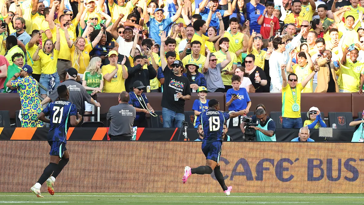 CLEVELAND, OHIO - JUNE 06: Endrick of Brazil celebrates after scoring the team
