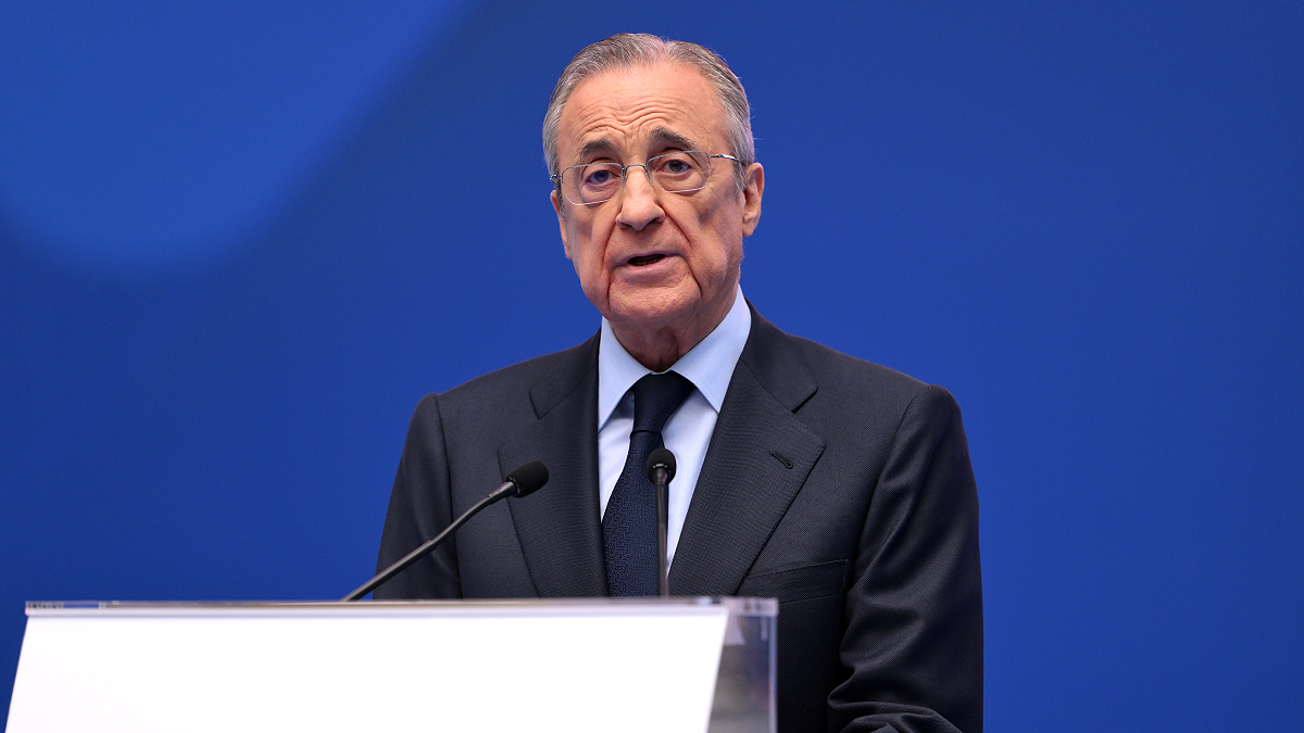 MADRID, SPAIN - JULY 16: Florentino Perez Rodriguez, President of Real Madrid speaks as Real Madrid new signing, Kylian Mbappe is unveiled at Estadio Santiago Bernabeu on July 16, 2024 in Madrid, Spain. (Photo by David Ramos/Getty Images)