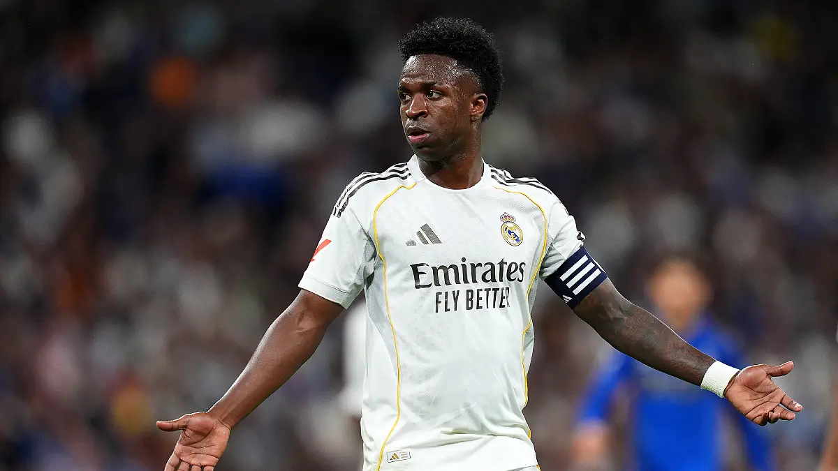 MADRID, ESPAGNE – 14 MAI : Vinicius Junior (Real Madrid) réagit lors du match de LaLiga EA Sports opposant le Real Madrid CF au Real Oviedo au stade Santiago Bernabéu le 14 mai 2026 à Madrid, en Espagne. (Photo : Angel Martinez/Getty Images)