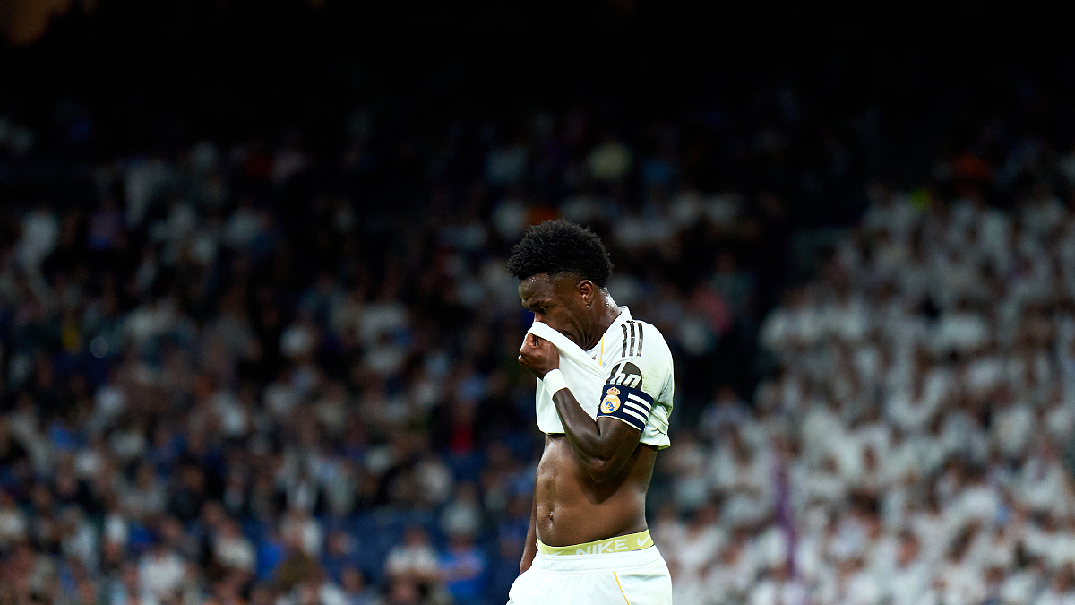 MADRID, SPAIN - MAY 14: Vinicius Junior of Real Madrid reacts during the LaLiga EA Sports match between Real Madrid CF and Real Oviedo at Estadio Santiago Bernabeu on May 14, 2026 in Madrid, Spain. (Photo by Angel Martinez/Getty Images)