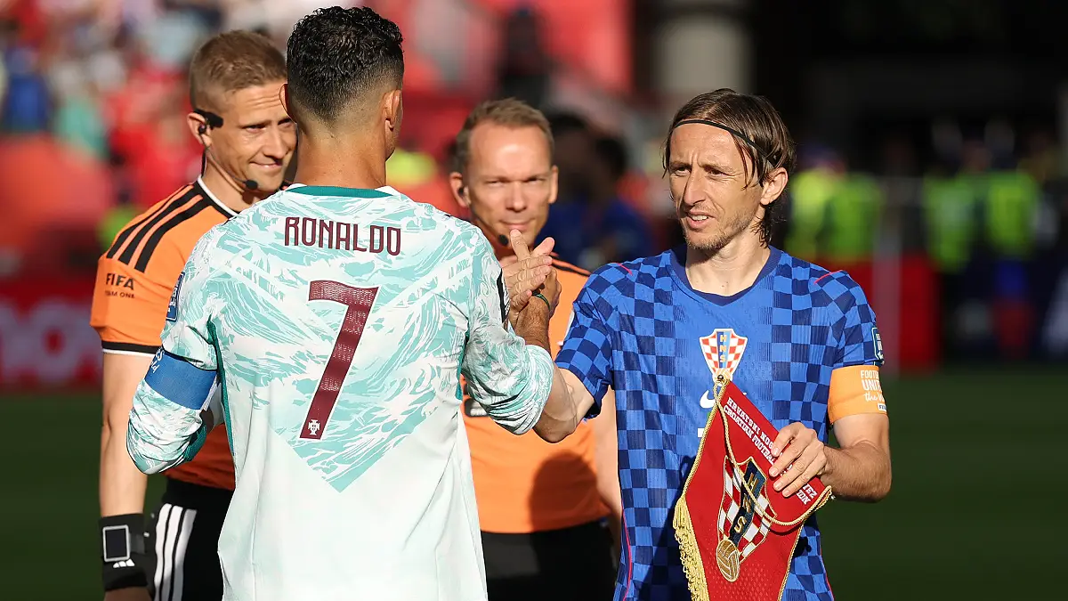 TORONTO, ONTARIO - JULY 02: Cristiano Ronaldo #7 of Portugal and Luka Modric #10 of Croatia shake hands before the FIFA World Cup 2026 Round of 32 match between Portugal and Croatia at Toronto Stadium on July 02, 2026 in Toronto, Ontario. (Photo by Dan Mullan/Getty Images)