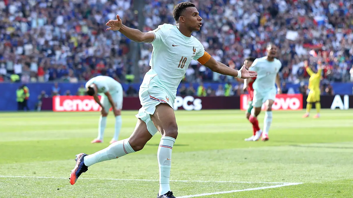 FOXBOROUGH, MASSACHUSETTS - JULY 09: Kylian Mbappe #10 of France celebrates scoring his team's first goal during the FIFA World Cup 2026 Quarter Final match between France and Morocco at Boston Stadium on July 09, 2026 in Foxborough, Massachusetts. (Photo by Molly Darlington/Getty Images)