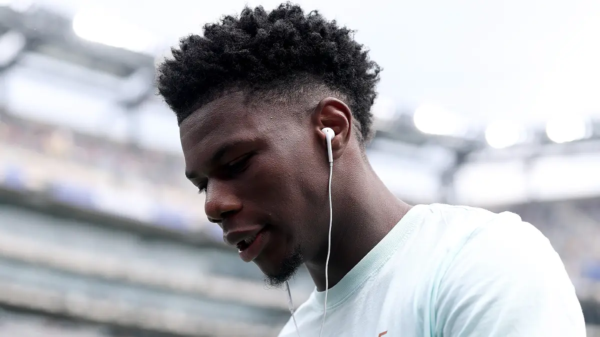 EAST RUTHERFORD, NEW JERSEY - JUNE 30: Aurelien Tchouameni #8 of France inspects the pitch before the FIFA World Cup 2026 Round Of 32 match between France and Sweden at New York New Jersey Stadium on June 30, 2026 in East Rutherford, New Jersey. (Photo by Mattia Ozbot/Getty Images)