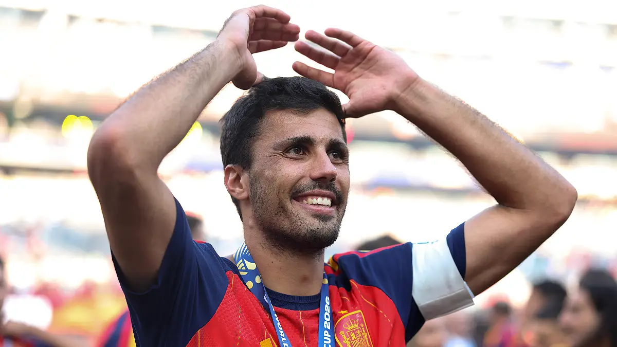 EAST RUTHERFORD, NEW JERSEY - JULY 19: Rodri #16 of Spain celebrates with his medal after the team's victory following the FIFA World Cup 2026 Final match between Spain and Argentina at New York New Jersey Stadium on July 19, 2026 in East Rutherford, New Jersey. (Photo by Lars Baron/Getty Images)