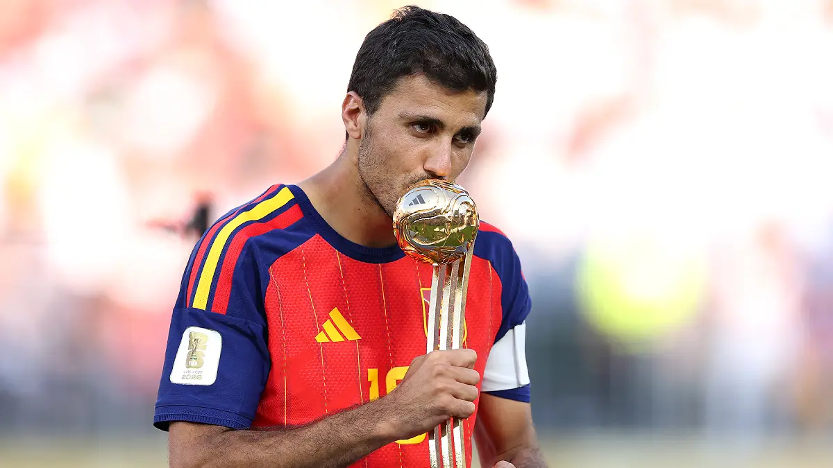 EAST RUTHERFORD, NEW JERSEY - JULY 19: Rodri #16 of Spain is presented with the Golden Ball award after the FIFA World Cup 2026 Final match between Spain and Argentina at New York New Jersey Stadium on July 19, 2026 in East Rutherford, New Jersey. (Photo by Justin Setterfield/Getty Images)