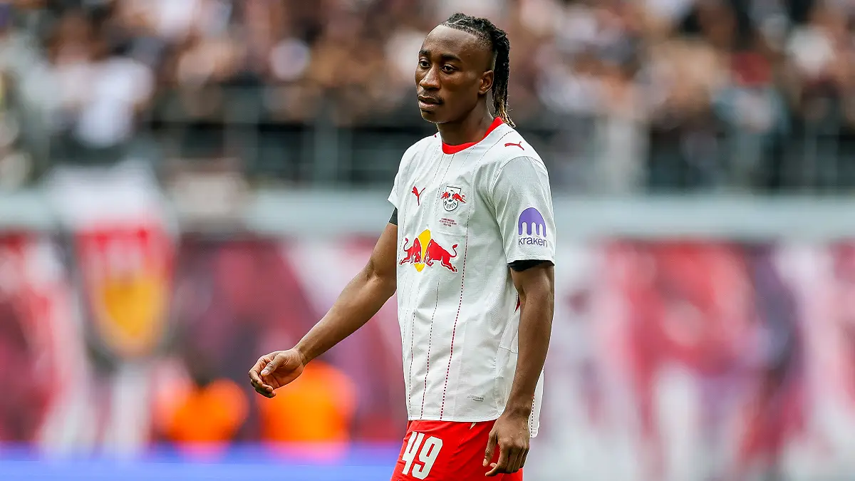 LEIPZIG, GERMANY - MAY 09: Yan Diomande of RB Leipzig looks on during the Bundesliga match between RB Leipzig and FC St. Pauli at Red Bull Arena on May 09, 2026 in Leipzig, Germany. (Photo by Maja Hitij/Getty Images)