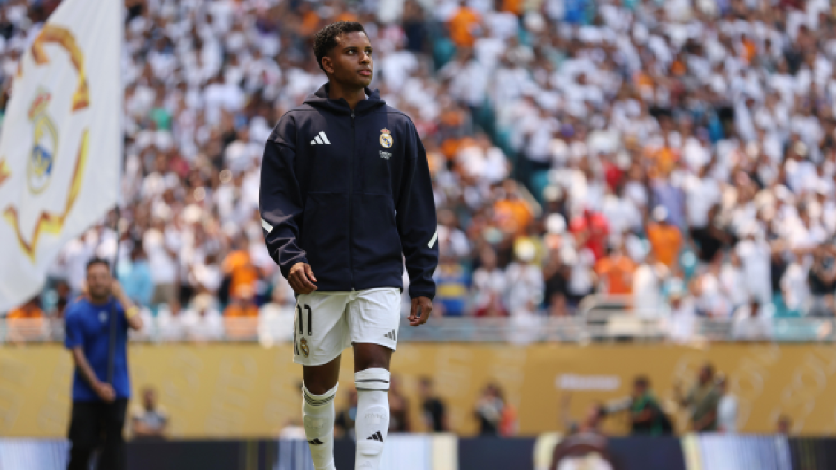 MIAMI GARDENS, FLORIDA - JUNE 18: Rodrygo #11 of Real Madrid C.F. enters the pitch prior to the FIFA Club World Cup 2025 group H match between Real Madrid CF and Al Hilal at Hard Rock Stadium on June 18, 2025 in Miami Gardens, Florida. (Photo by Megan Briggs/Getty Images)
