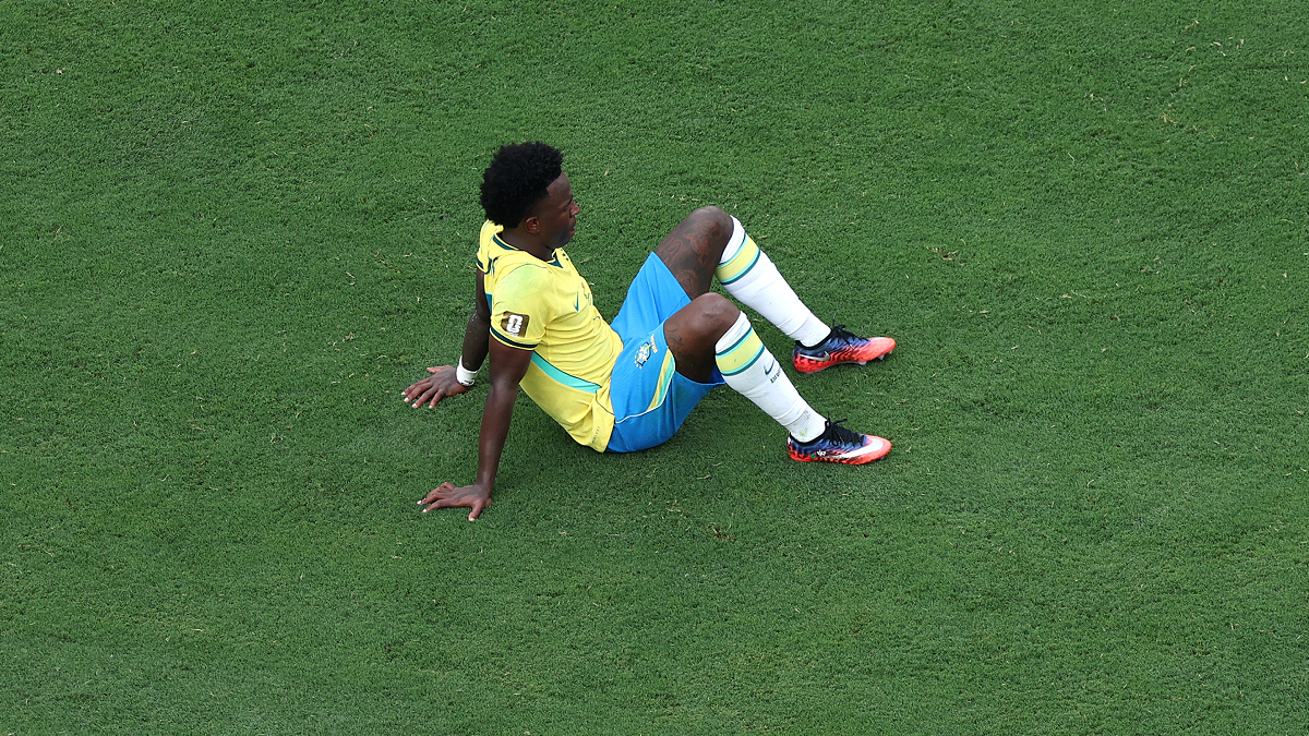 EAST RUTHERFORD, NEW JERSEY - JULY 05: Vinicius Junior #7 of Brazil reacts after the team's 1-2 defeat in the FIFA World Cup 2026 Round of 16 match between Brazil and Norway at New York New Jersey Stadium on July 05, 2026 in East Rutherford, New Jersey. (Photo by Dan Mullan/Getty Images)