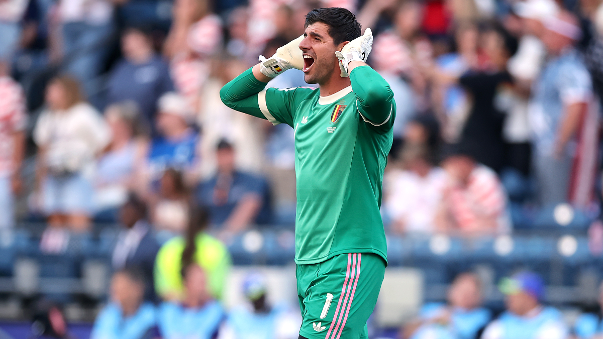 SEATTLE, WASHINGTON - JULY 06: Thibaut Courtois #1 of Belgium celebrates after the team's fourth goal by Romelu Lukaku #9 during the FIFA World Cup 2026 Round of 16 match between USA and Belgium at Seattle Stadium on July 06, 2026 in Seattle, Washington. (Photo by Alex Grimm/Getty Images)