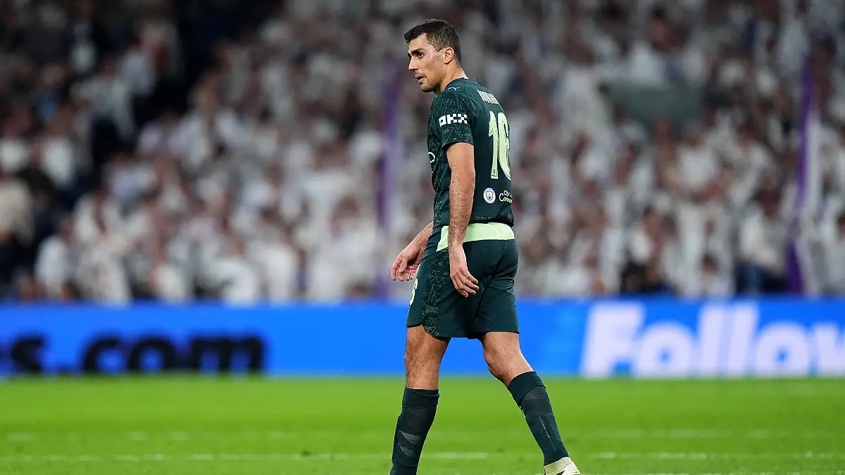 MADRID, SPAIN - MARCH 11: Rodri of Manchester City looks on during the UEFA Champions League 2025/26 Round of 16 First Leg match between Real Madrid CF and Manchester City FC at Estadio Santiago Bernabeu on March 11, 2026 in Madrid, Spain. (Photo by Angel Martinez/Getty Images)
