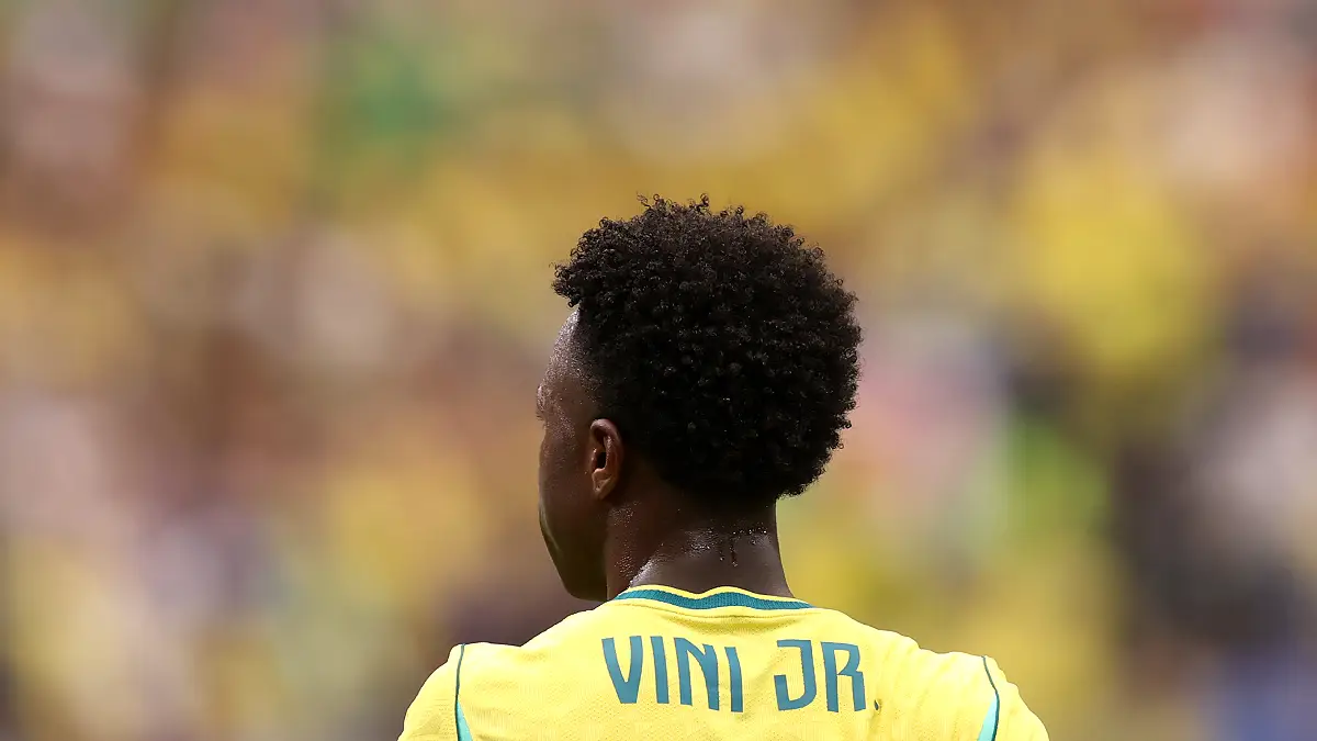 HOUSTON, TEXAS - JUNE 29: Vinicius Junior #7 of Brazil looks on during the FIFA World Cup 2026 Round Of 32 match between Brazil and Japan at Houston Stadium on June 29, 2026 in Houston, Texas. (Photo by Lars Baron/Getty Images)