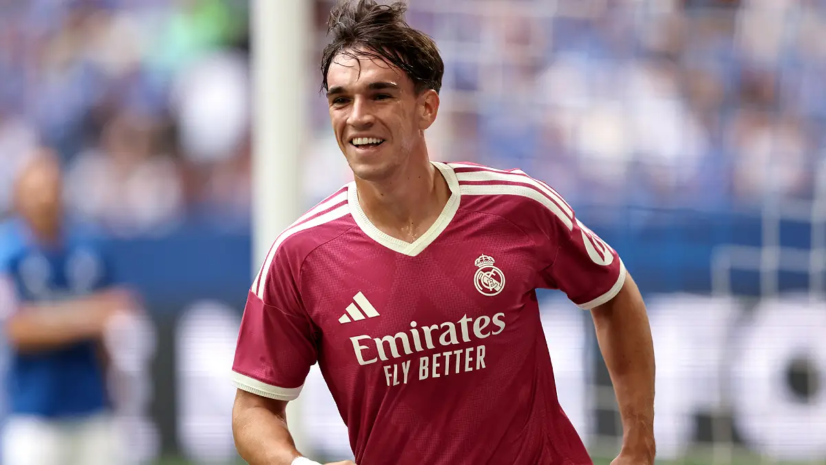 GELSENKIRCHEN, GERMANY - AUGUST 16: Carlos Espi of Real Madrid celebrates scoring his team’s third goal during the Pre-Season Friendly match between FC Schalke 04 and Real Madrid at Veltins Arena on August 16, 2026 in Gelsenkirchen, Germany. (Photo by Christof Koepsel/Getty Images)