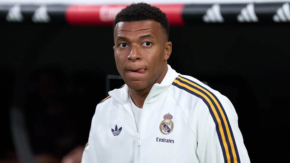 MADRID, SPAIN - MAY 23: Kylian Mbappe of Real Madrid looks on prior to the LaLiga EA Sports match between Real Madrid CF and Athletic Club at Estadio Santiago Bernabeu on May 23, 2026 in Madrid, Spain. (Photo by Angel Martinez/Getty Images)