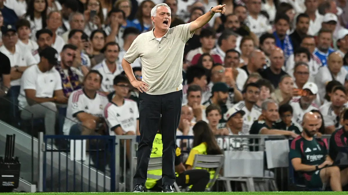 MADRID, SPAIN - AUGUST 26: Jose Mourinho, Head Coach of Real Madrid reacts during the LaLiga EA Sports 2026/27 match between Real Madrid and Real Sociedad at Estadio Santiago Bernabeu on August 26, 2026 in Madrid, Spain. (Photo by Denis Doyle/Getty Images)