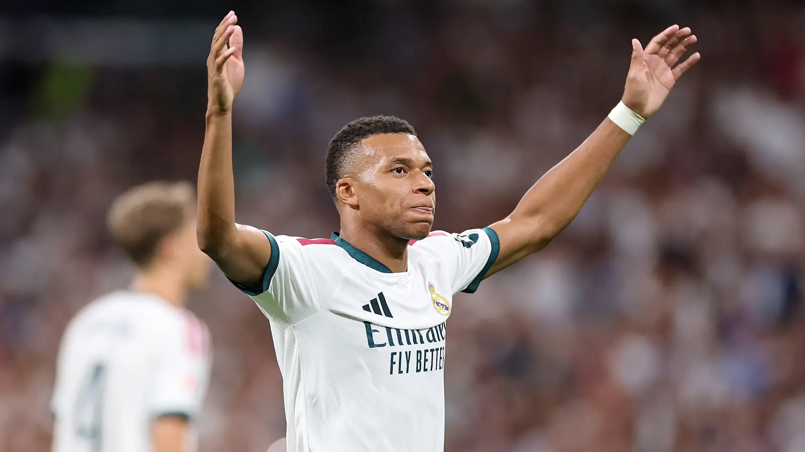 MADRID, SPAIN - AUGUST 26: Kylian Mbappe of Real Madrid celebrates scoring his team’s fourth goal during the LaLiga EA Sports 2026/27 match between Real Madrid and Real Sociedad at Estadio Santiago Bernabeu on August 26, 2026 in Madrid, Spain. (Photo by Florencia Tan Jun/Getty Images)