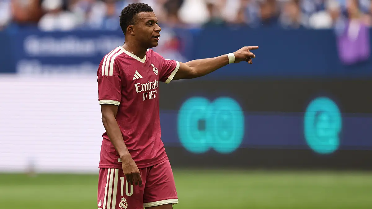 GELSENKIRCHEN, GERMANY - AUGUST 16: Kylian Mbappe of Real Madrid reacts during the Pre-Season Friendly match between FC Schalke 04 and Real Madrid at Veltins Arena on August 16, 2026 in Gelsenkirchen, Germany. (Photo by Christof Koepsel/Getty Images)