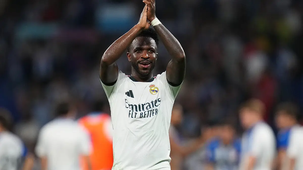 BARCELONA, SPAIN - AUGUST 22: Vinicius Junior of Real Madrid celebrates after the LaLiga EA Sports 2026/27 match between RCD Espanyol de Barcelona and Real Madrid at RCDE Stadium on August 22, 2026 in Barcelona, Spain. (Photo by Alex Caparros/Getty Images)